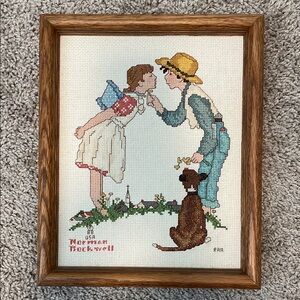 Framed Norman Rockwell Cross-Stitch Art vintage, handmade